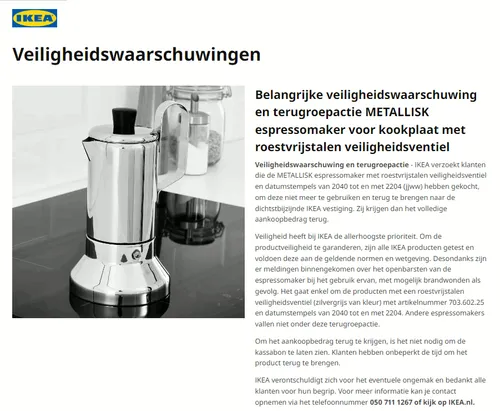 recall ikea metallisk espressomaker