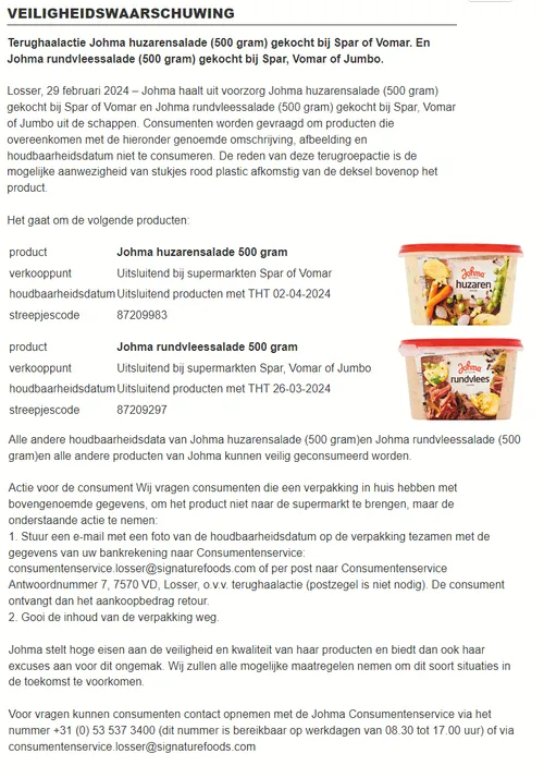 recall johma salades