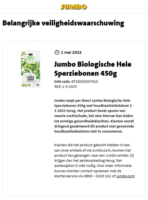 recall jumbo bio sperziebonen