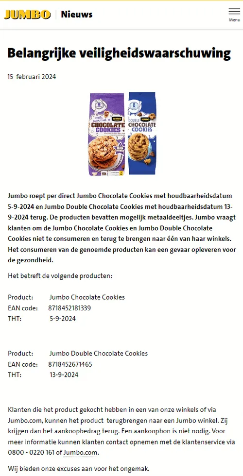 recall jumbo chocolate chip cookies