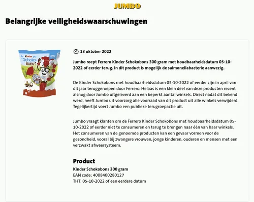 recall jumbo ferrero kinder schokobons