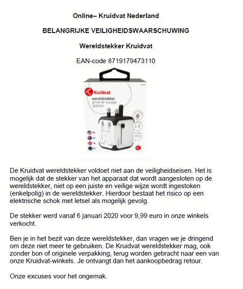 recall kruidvat wereldstekker