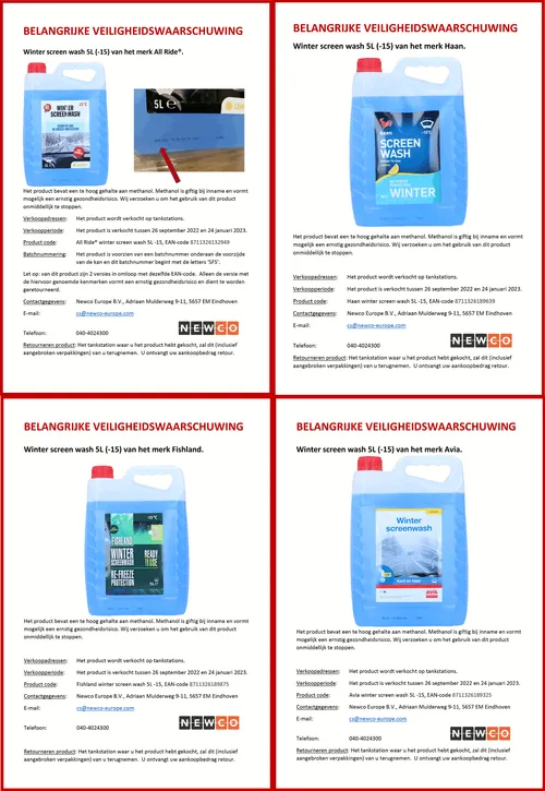 recall newco diverse merken ruitenwisservloeistof