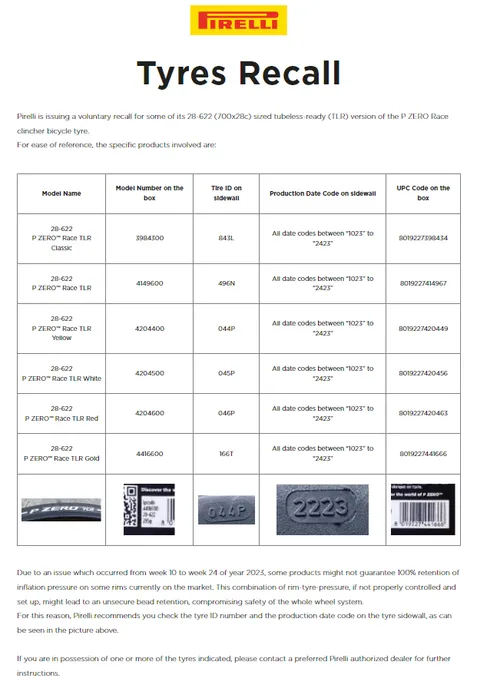 recall pirelli p zero race banden