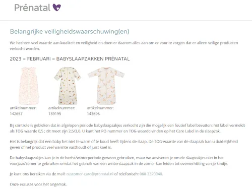 recall prenatal babyslaapzakken