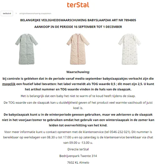 recall terstal babyslaapzak