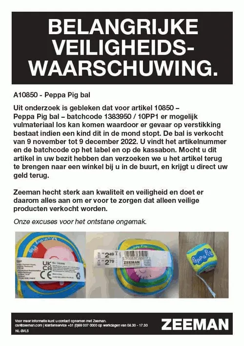 recall zeeman peppa pig bal