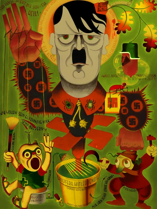 Mailversie kleurenreconstructie van poster uit 1933 waarop Hitler belachelijk werd gemaakt door carnavalsvereniging Alti Stainlemer in Basel 1933