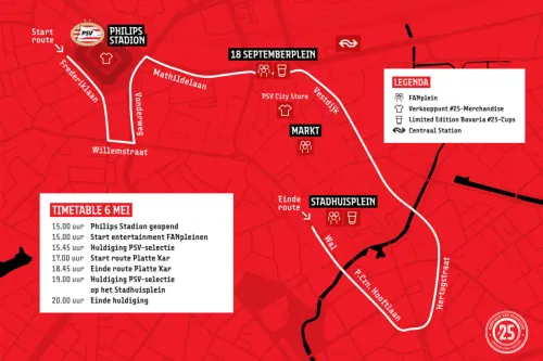 de route van de platte kar tijdens de huldiging van psv