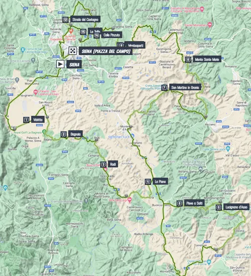 Karte Strade Bianche 2024 schematische Route und Rundkurs&amp;amp;amp;amp;amp;lt;br&amp;amp;amp;amp;amp;gt;