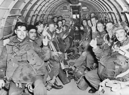 british paratroops inside one of the c 47 transport aircraft british army