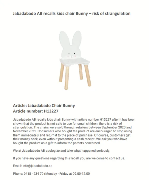 recall jabadabado kinderstoel