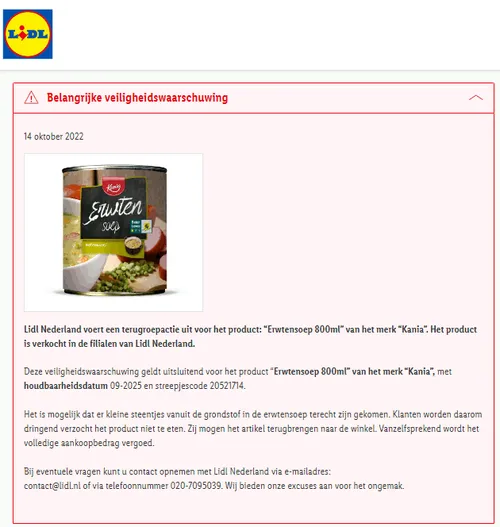 recall lidl kania erwtensoep