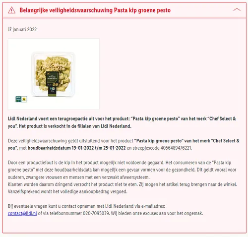 recall lidl pasta kip groene pesto