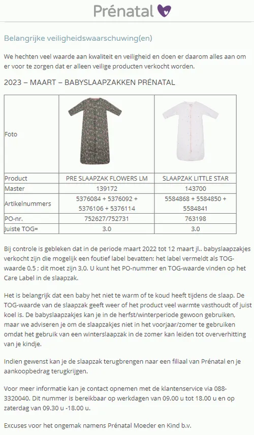 recall prenatal babyslaapzakken maart2023