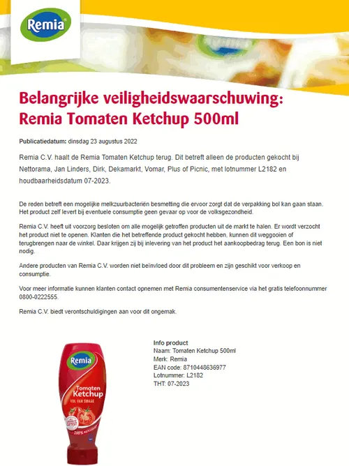 recall remia tomatenketchup