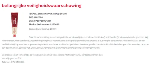 recall van wijngaarden zaanse curry ketchup