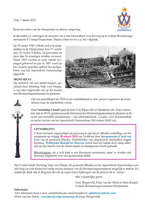 Uitnodiging oprichting herinneringsmonument v1 ramp oranjestraat in velp op 28 maart 2025