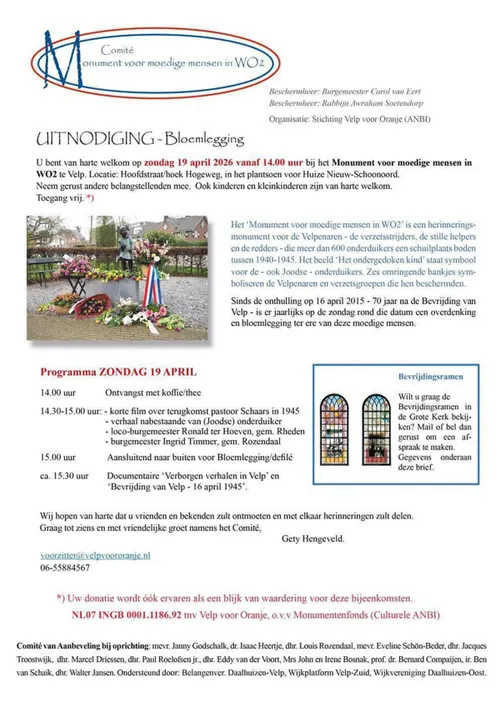 Uitnodiging Bloemlegging bij het Monument voor moedige mensen in WO2 te Velp