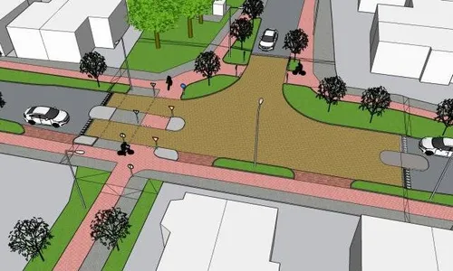 Een voorbeeld van hoe de kruising er op korte termijn uitziet. Boven: zicht vanaf hoek Oosteinde/Ringbaan, onder: zicht vanaf het Polletje.