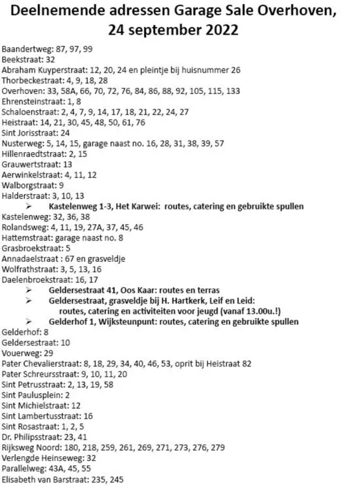 garage sale overhoven 2022 deelnemers