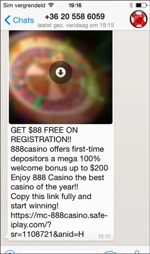 whatsapp spam 888casino