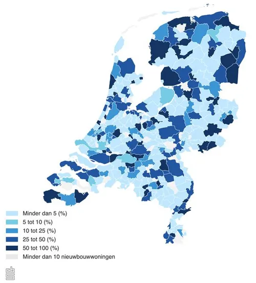 Aandeel nieuwbouwwoningen door corporaties in totale nieuwbouw, eerst halfjaar 2024.