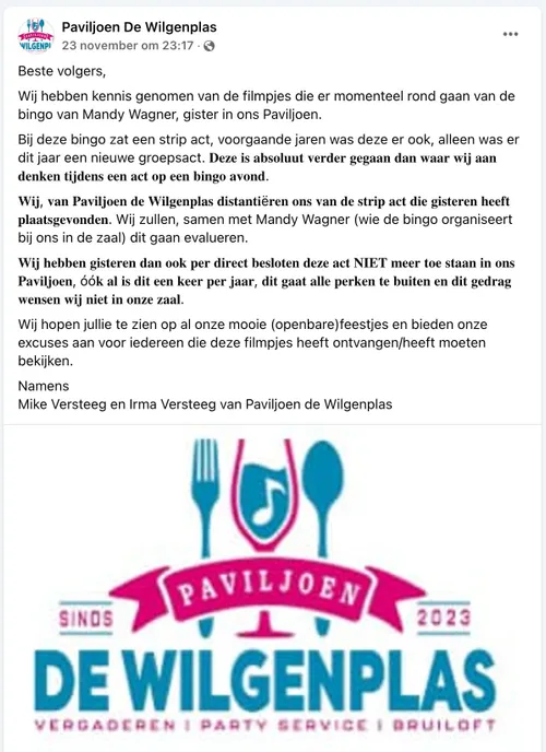 Verklaring op social media van het paviljoen. Via FB/Paviljoen de Wilgenplas
