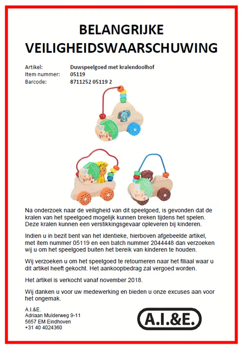 recall aie duwspeelgoed