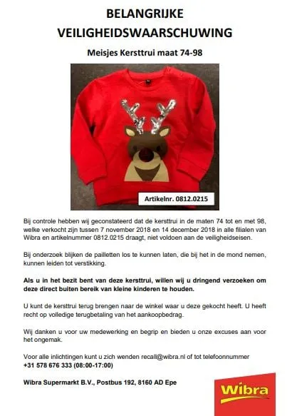 recall wibra meisjes kersttrui