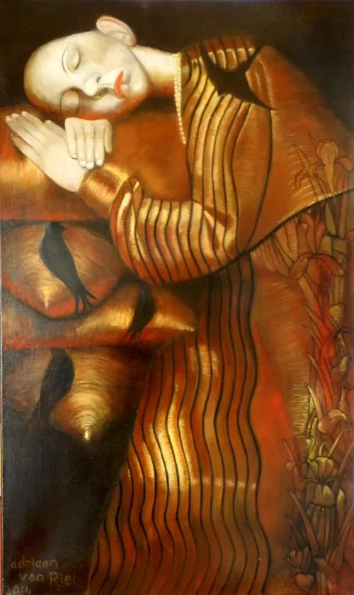 1407 sleeping girl on golden cushions olieverf op linnen 60x100cm 2 002