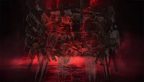 Rook- en lichteffecten versterken de aanblik van het scheepswrak.