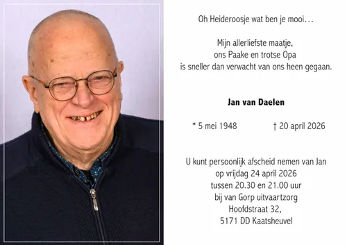 Rouwkaart Jan van Daelen