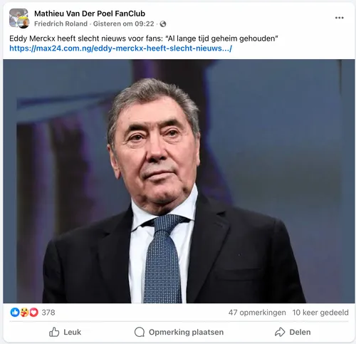 Een voorbeeld van een vals nieuwsbericht over Merckx.