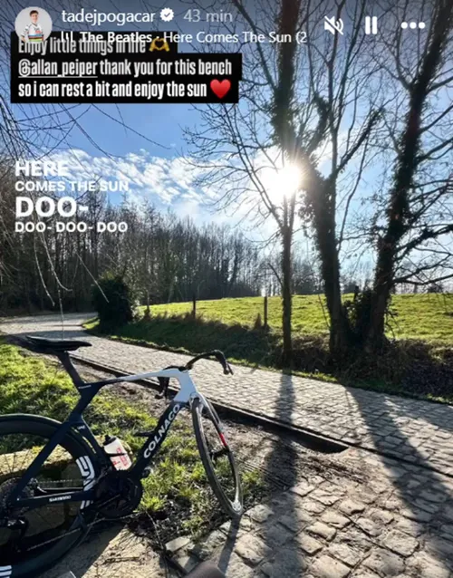 Tadej Pogacar's Instagram verhaal op de ochtend van 9 februari 2025