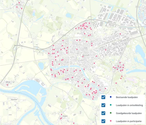 De voorgestelde locaties voor nieuwe laadpalen. Bron: gemeente Wijchen