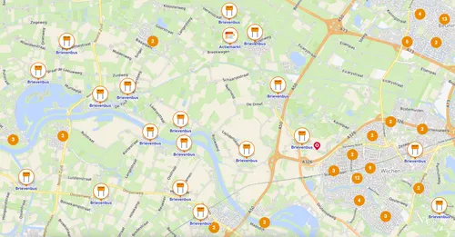 Huidige locaties van brievenbussen in de gemeente Wijchen. Bron: PostNL