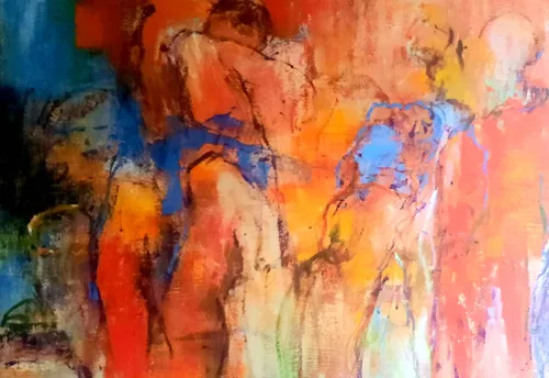 De techniek van Conny Lemke resulteert in gelaagde schilderijen vol kleur en structuur. Foto: Kunsthuis Wijchen