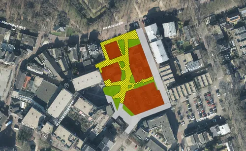 Op deze luchtfoto is het gebied van de nieuwe wijk gemarkeerd. Het gele vak krijgt de nieuwe straatnaam. Bron: gemeente Wijchen