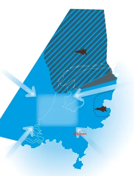 De drie huidige aanvliegroutes zouden worden uitgebreid met een vierde (rechtsonder) die boven Gelderland en Utrecht loopt. Dat gaat nu dus niet door. Bron: Voorkeursbeslissing Luchtruimherziening