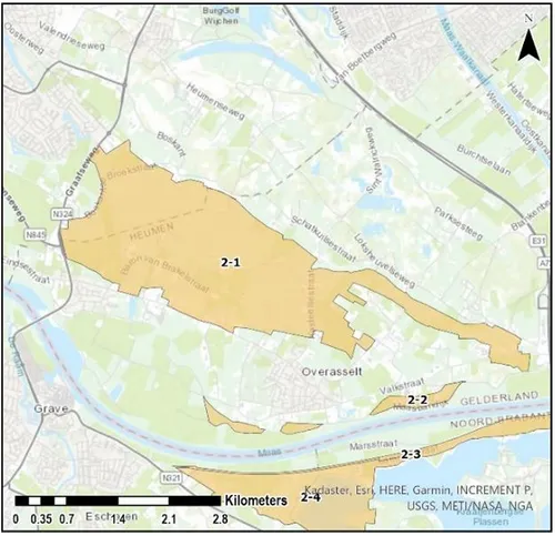Het retentiegebied ten zuidoosten van Wijchen. Bron:&nbsp;Quickscan Bkl-reserveringsgebieden, Arcadis - Deltares