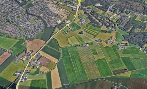 Een gedeelte van het retentiegebied vanuit de lucht (vergelijk met het kaartje hierboven). Foto: Google Maps