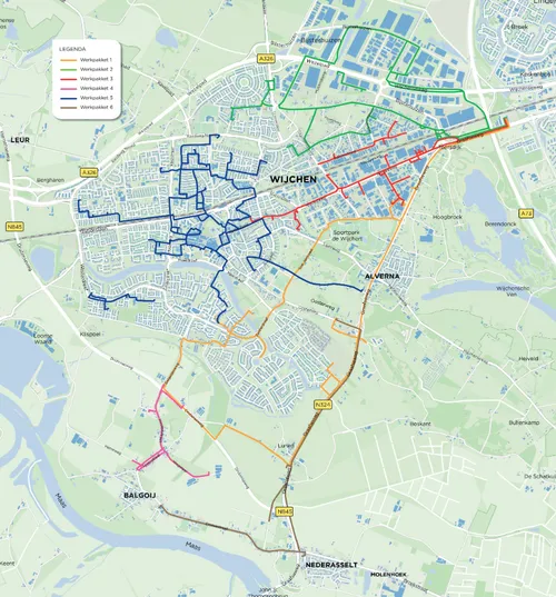 Overzichtskaart met het ontwerp van de kabelroute voor Wijchen. Deze kabelroute is onder voorbehoud en kan mogelijk wijzigen. Bron: Liander