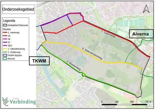 De drie onderzochte varianten voor een hoogwaardige fietsroute. Het werd route 1 (rood). Bron: rapport 'Hoogwaardige fietsroute Alverna'