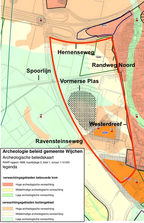 Deel van de archeologische beleidskaart van adviesbureau RAAP uit 2009 met verwachtingen bij archeologische opgravingen. In rood het plangebied voor Wijchen-West.