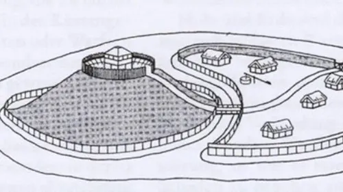 Een tekening van de motteburcht in Hernen. Bron: GLK