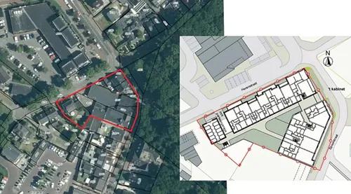 Luchtfoto, bron: ruimtelijkeplannen.nl; tekening: Bestemmingsplan Spoorstraat-Herenstraat