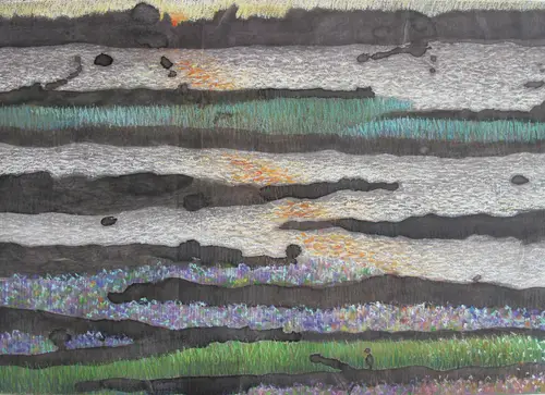 Laat Waterland_detail_2026_40x120 cm_MoniquevanStokkum_O.I. inkt-houtskool-soft pastel-conté op rijstpapier op doek