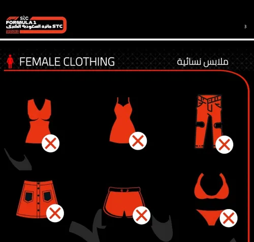 Een pagina van de kledingvoorschriften die Formule 1-werknemers toegestuurd hebben gekregen voor de Grand Prix in Saoedi-Arabië