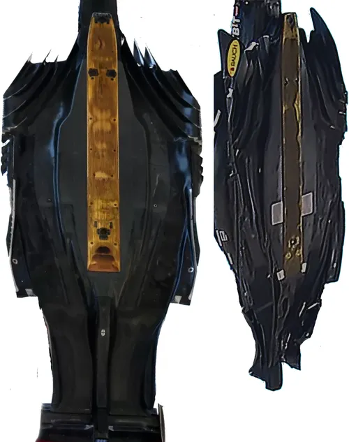 Foto 2. Slijtage van de plank van de Mercedes W14, links, en de Red Bull RB19 (samengestelde en bewerkte foto, X-bericht van @F1_Newletter).